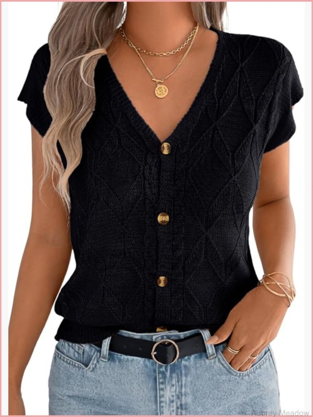 Cap Sleeve V Neck Cable Knit Button Down Sweater Vest
